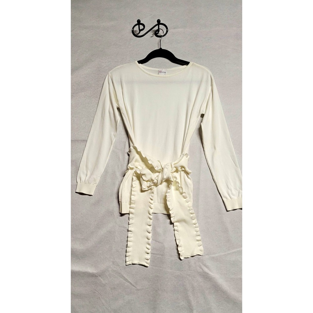 RED VALENTINO White Cotton Knit LS Crew Neck Pullover Top Ruffle Tie Waist M